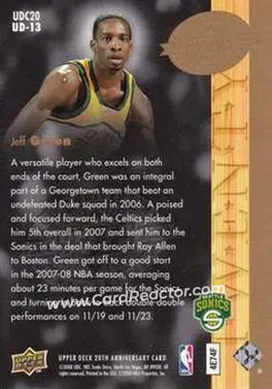2008 Upper Deck 20th Anniversary #UD-13 - Jeff Green - Seattle SuperSonics - Back