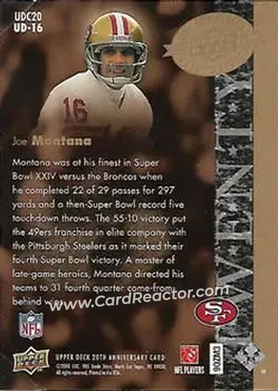 2008 Upper Deck 20th Anniversary #UD-16 - Joe Montana - San Francisco 49ers - Back