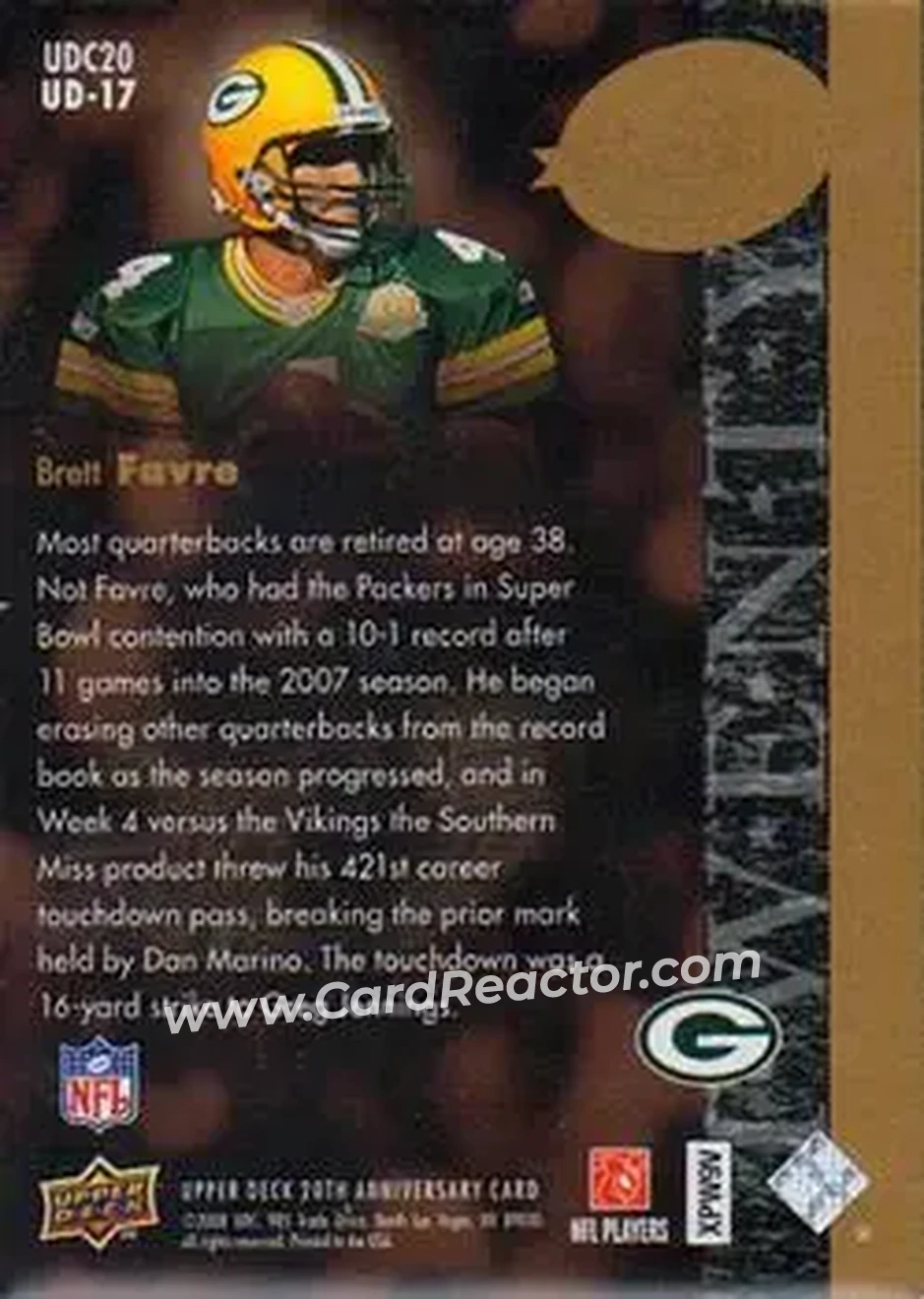 2008 Upper Deck 20th Anniversary #UD-17 - Brett Favre - Green Bay Packers - Back