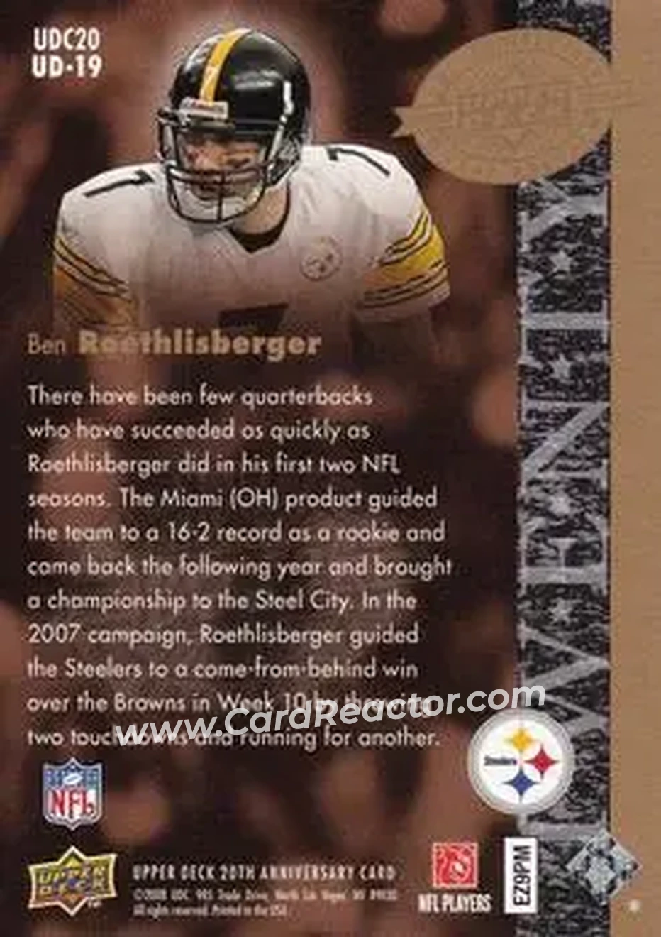 2008 Upper Deck 20th Anniversary #UD-19 - Ben Roethlisberger - Pittsburgh Steelers - Back