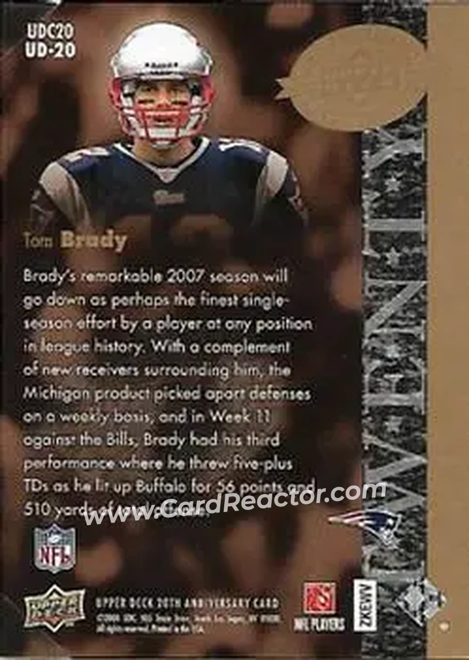 2008 Upper Deck 20th Anniversary #UD-20 - Tom Brady - New England Patriots - Back