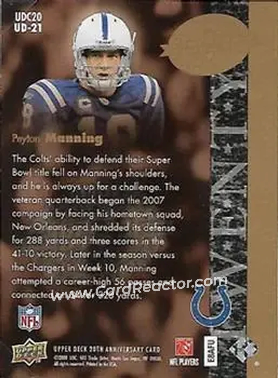 2008 Upper Deck 20th Anniversary #UD-21 - Peyton Manning - Indianapolis Colts - Back