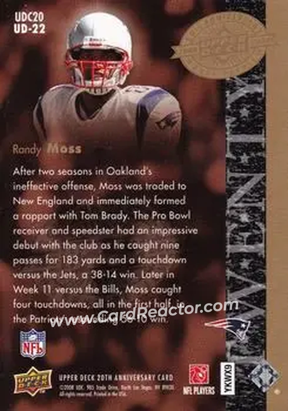2008 Upper Deck 20th Anniversary #UD-22 - Randy Moss - New England Patriots - Back