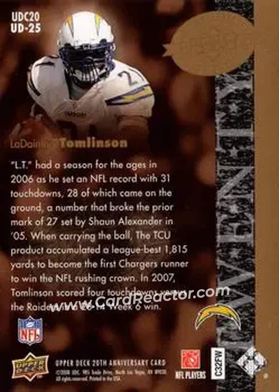 2008 Upper Deck 20th Anniversary #UD-25 - LaDainian Tomlinson - San Diego Chargers - Back