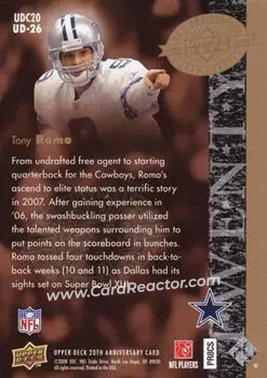 2008 Upper Deck 20th Anniversary #UD-26 - Tony Romo - Dallas Cowboys - Back