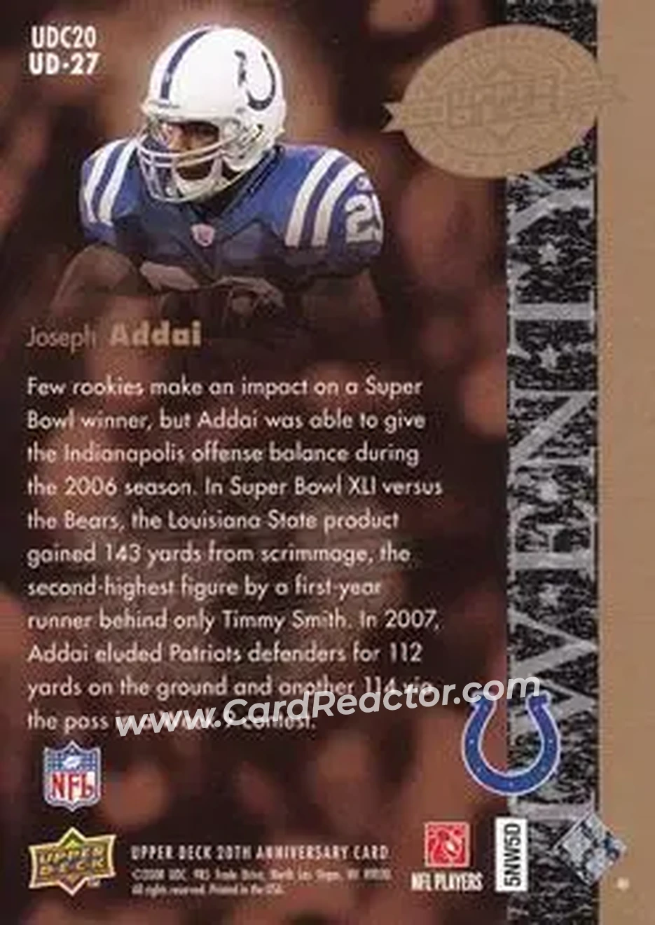 2008 Upper Deck 20th Anniversary #UD-27 - Joseph Addai - Indianapolis Colts - Back