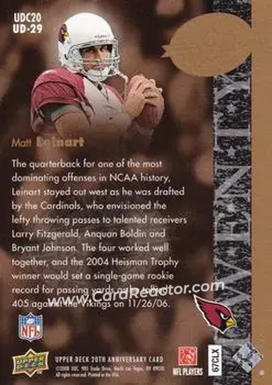 2008 Upper Deck 20th Anniversary #UD-29 - Matt Leinart - Arizona Cardinals - Back