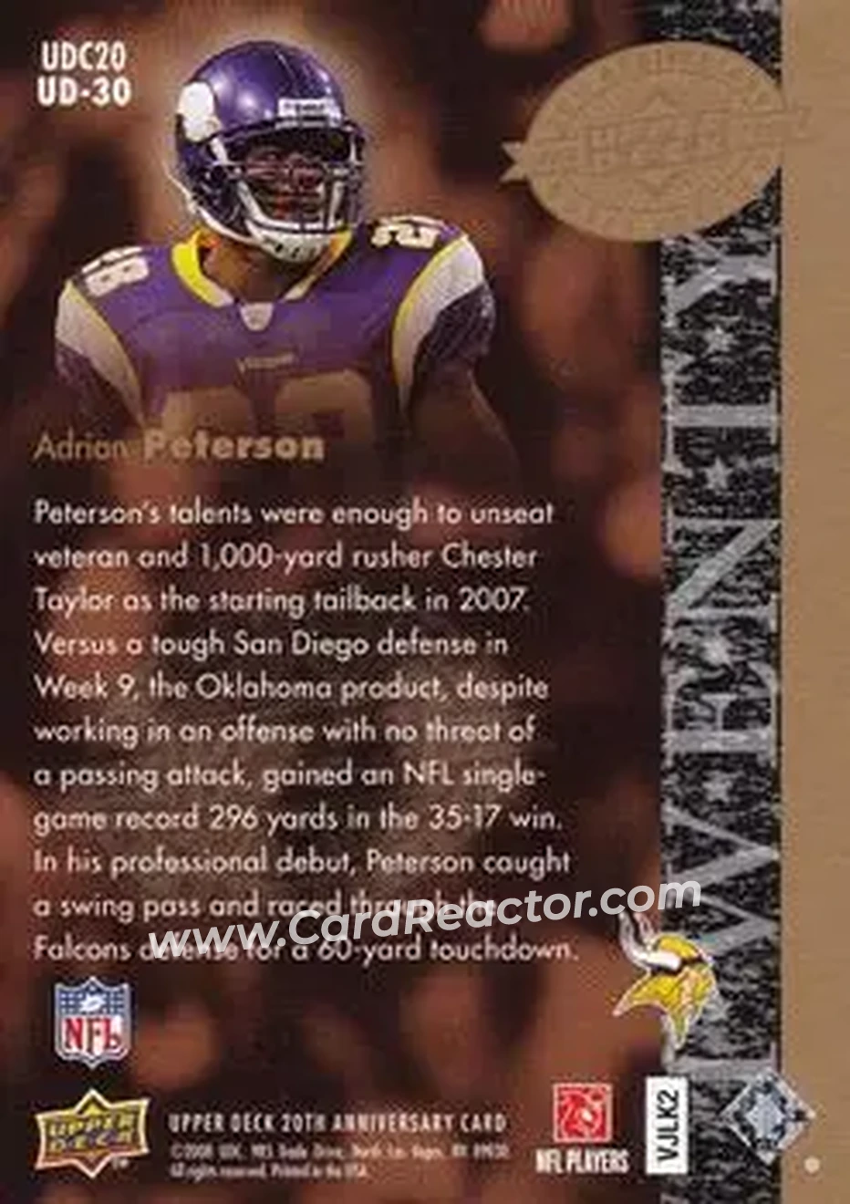 2008 Upper Deck 20th Anniversary #UD-30 - Adrian Peterson - Minnesota Vikings - Back