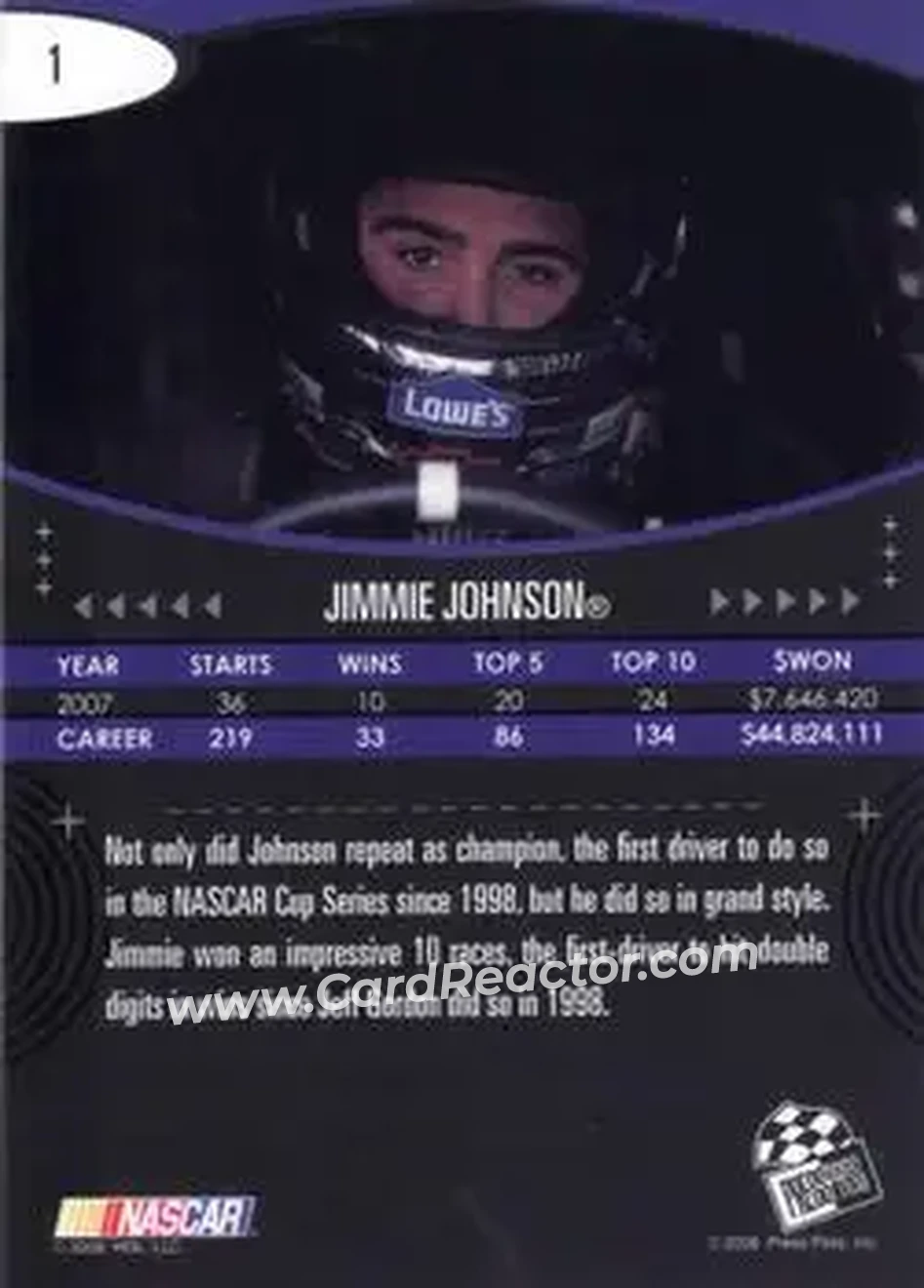 2008 Press Pass Eclipse #1 - Jimmie Johnson - Hendrick Motorsports - Back