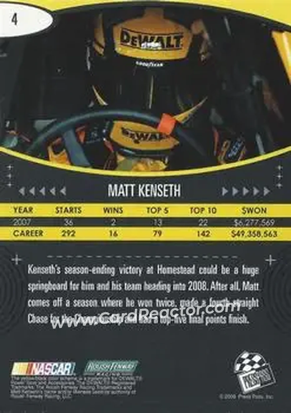 2008 Press Pass Eclipse #4 - Matt Kenseth - Roush Fenway Racing - Back