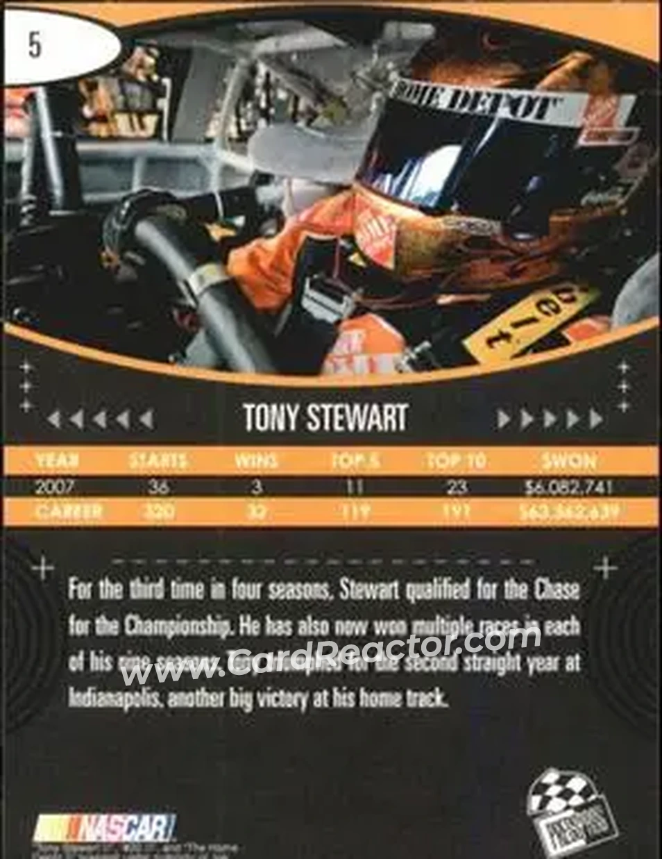 2008 Press Pass Eclipse #5a - Tony Stewart - Joe Gibbs Racing - Back