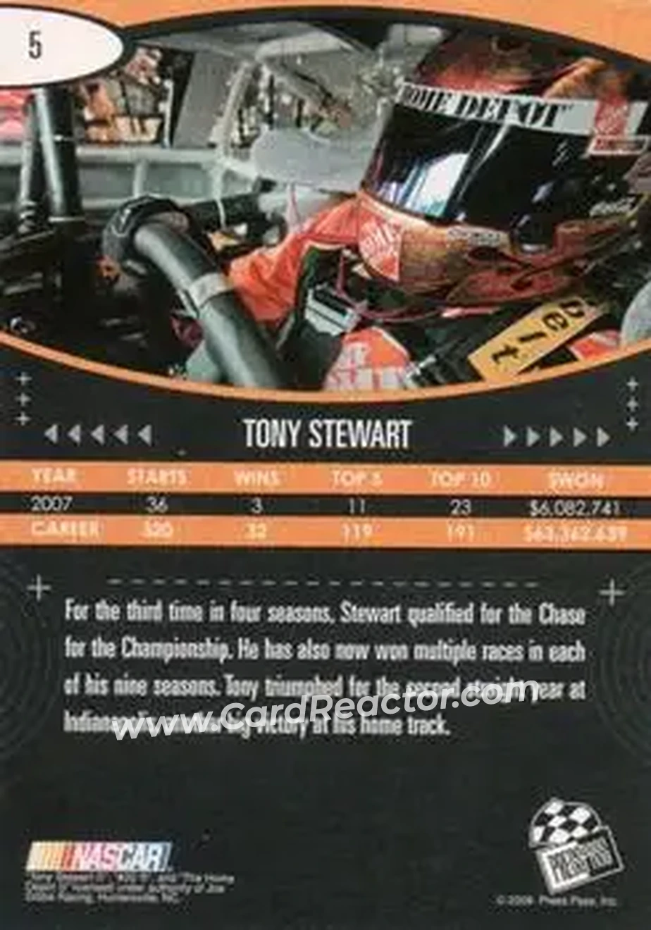 2008 Press Pass Eclipse #5b - Tony Stewart - Joe Gibbs Racing - Back