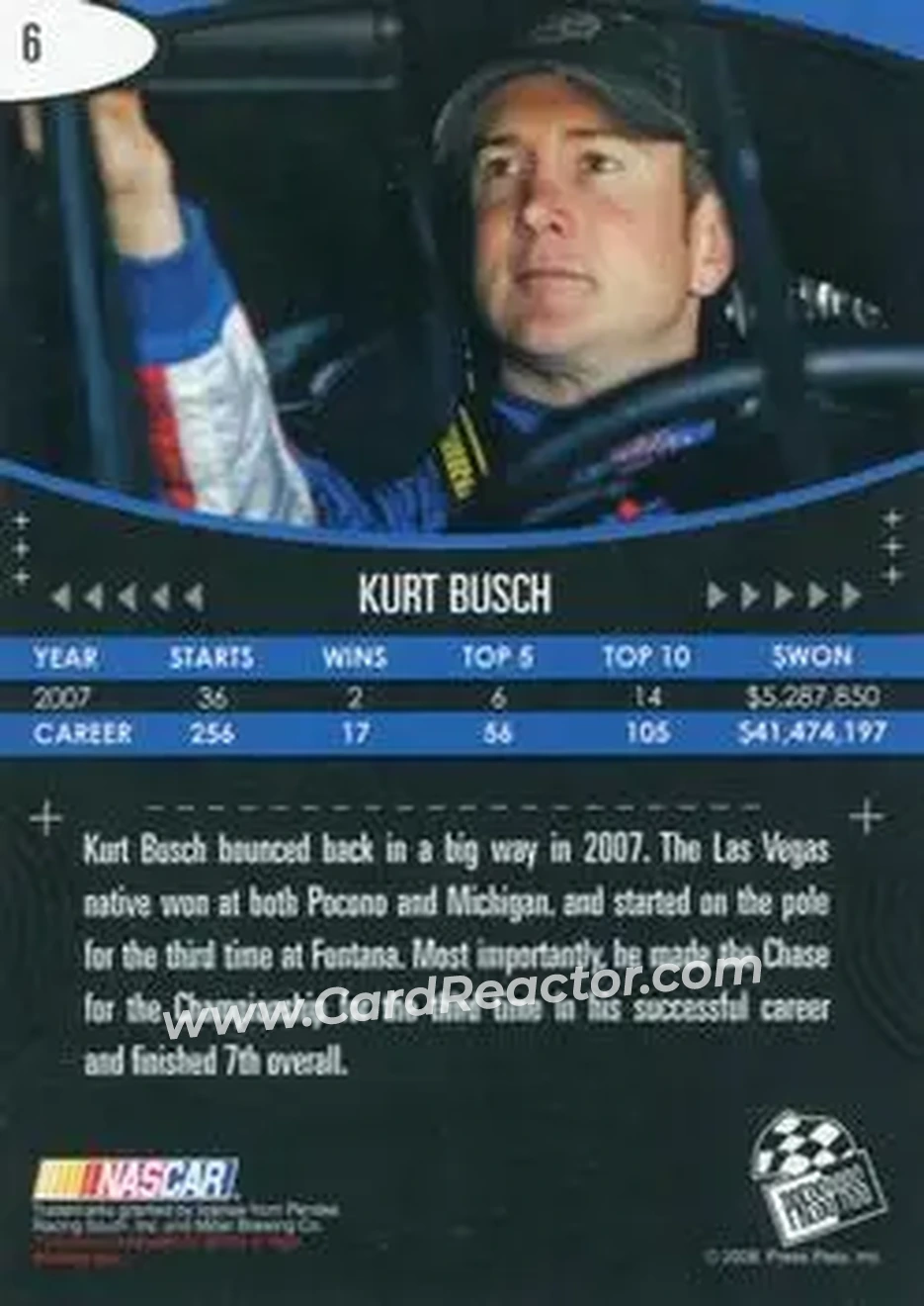 2008 Press Pass Eclipse #6 - Kurt Busch - Penske Racing South - Back