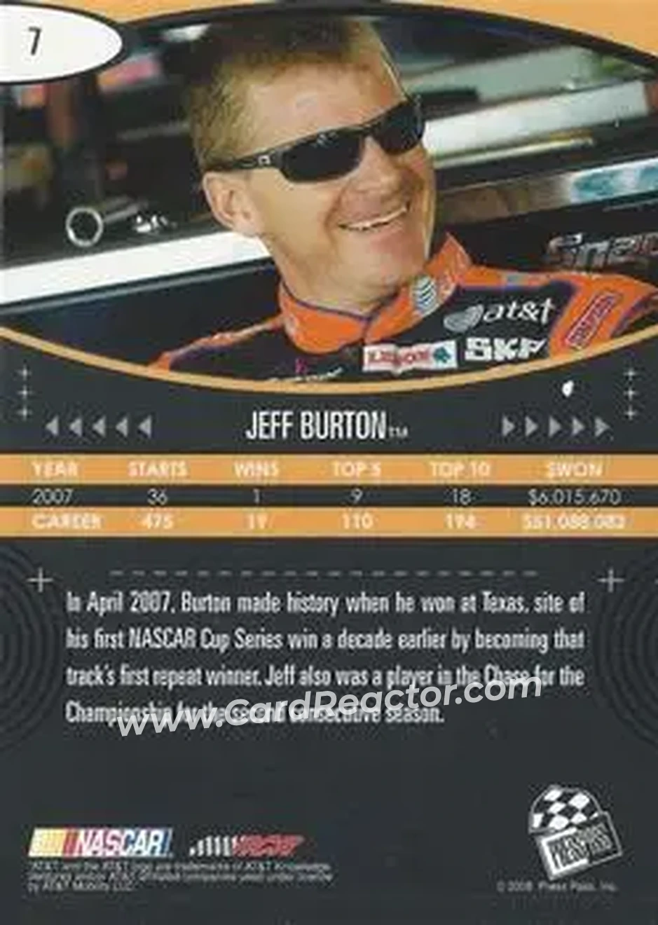 2008 Press Pass Eclipse #7 - Jeff Burton - Richard Childress Racing - Back