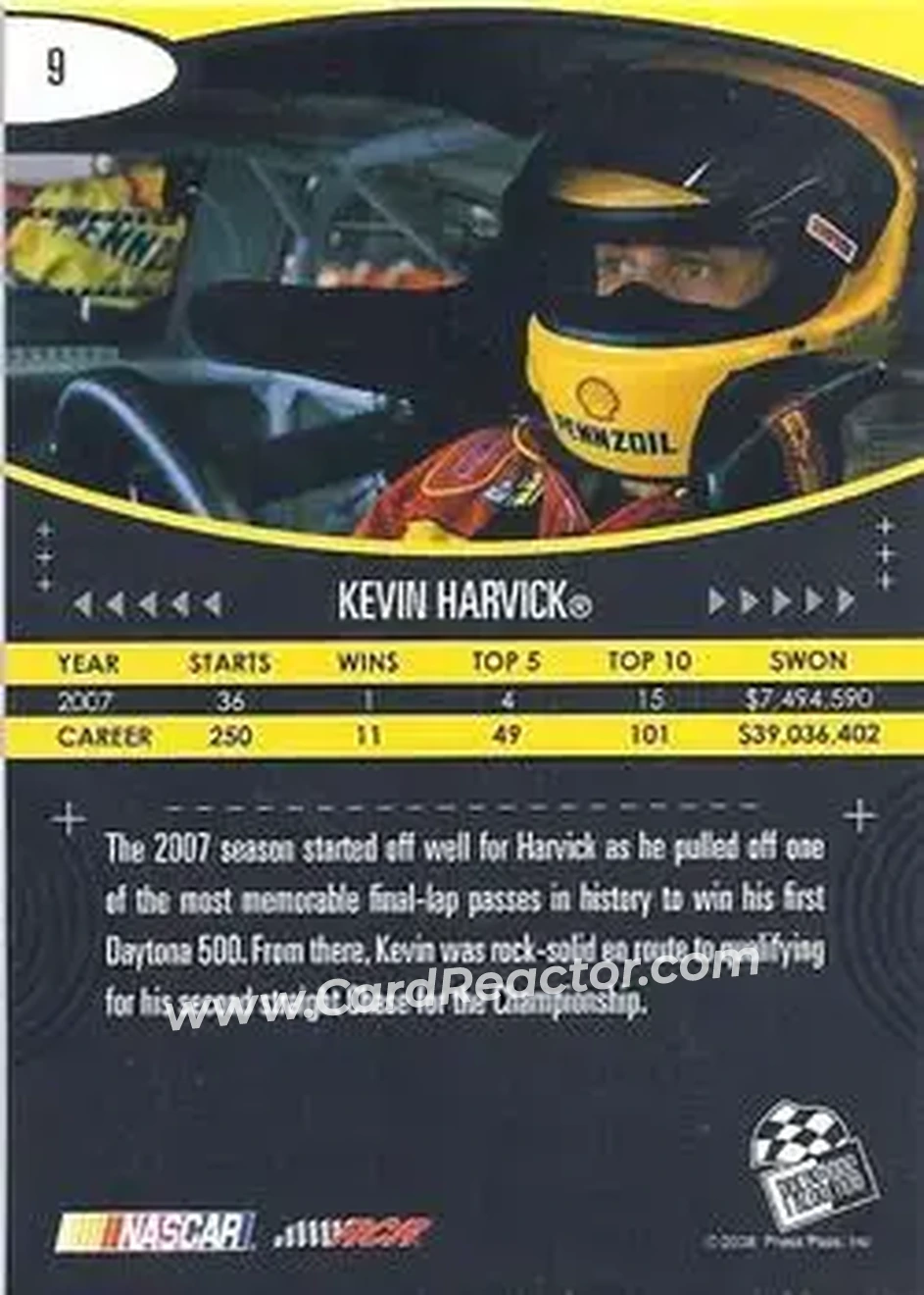 2008 Press Pass Eclipse #9 - Kevin Harvick - Richard Childress Racing - Back