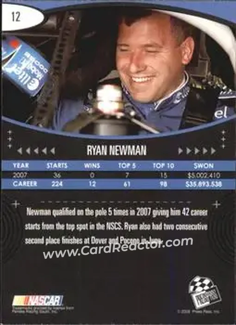 2008 Press Pass Eclipse #12 - Ryan Newman - Penske Racing South - Back