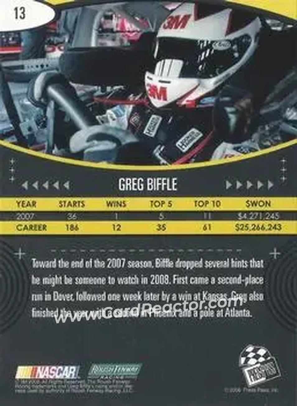 2008 Press Pass Eclipse #13 - Greg Biffle - Roush Fenway Racing - Back