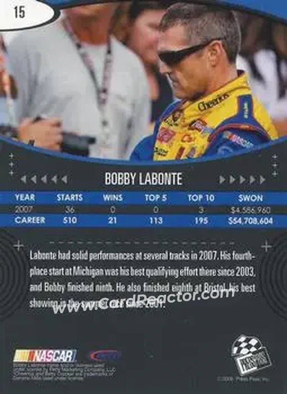 2008 Press Pass Eclipse #15 - Bobby Labonte - Petty Enterprises - Back