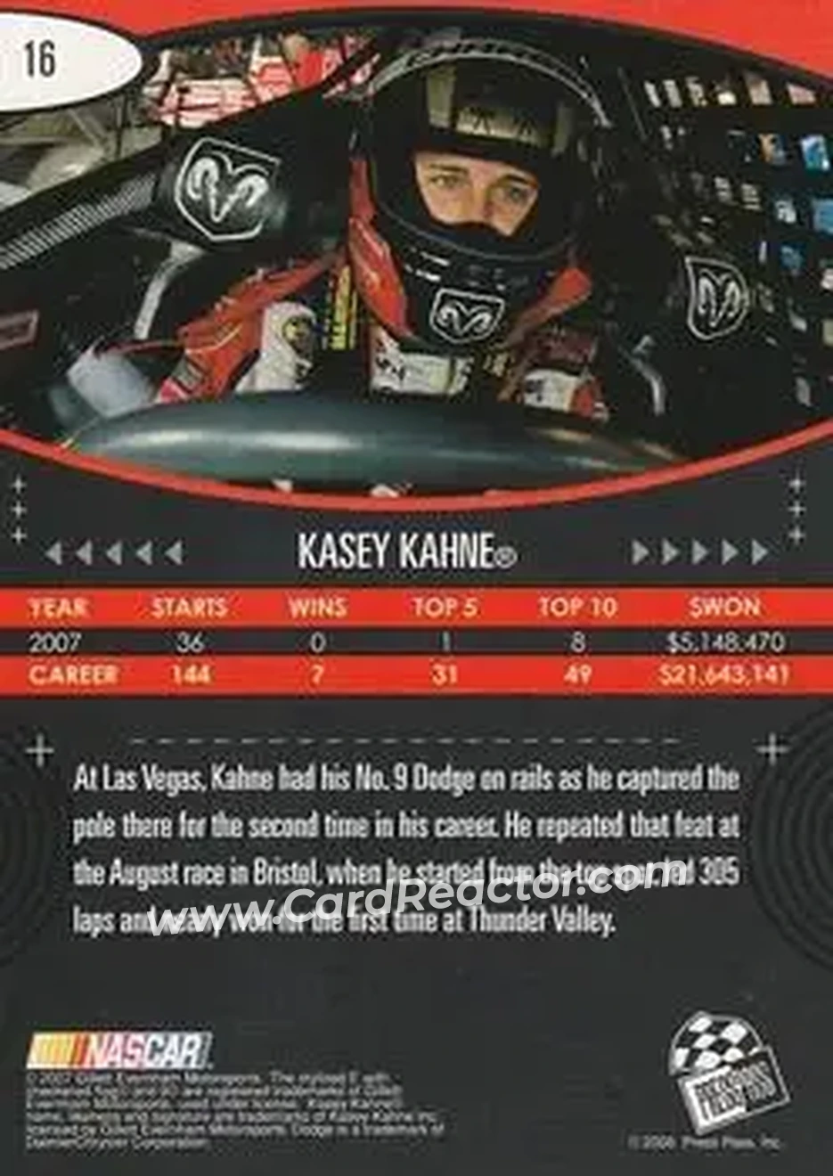 2008 Press Pass Eclipse #16 - Kasey Kahne - Gillett Evernham Motorsports - Back