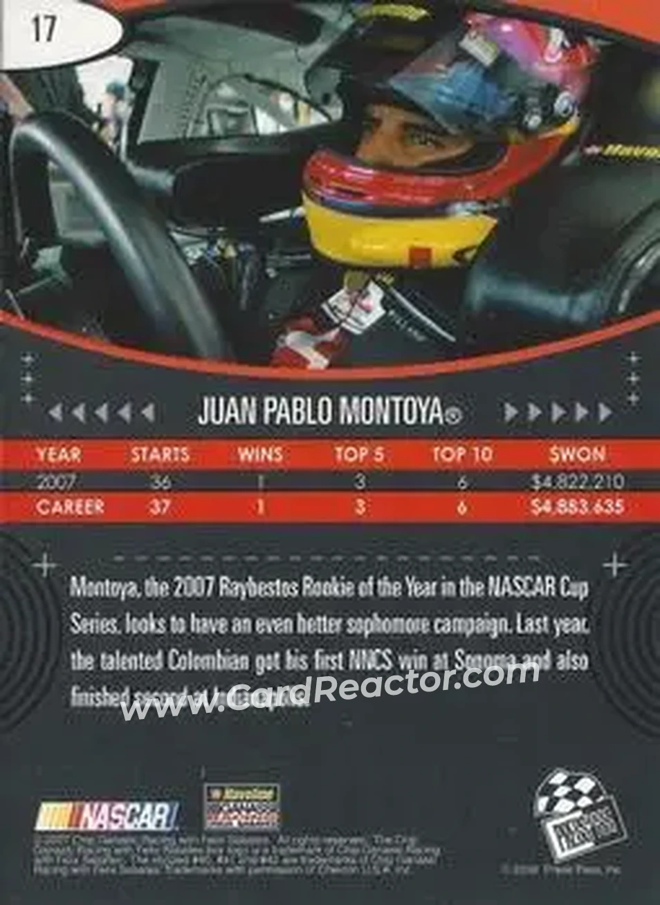 2008 Press Pass Eclipse #17 - Juan Pablo Montoya - Chip Ganassi Racing with Felix Sabates - Back