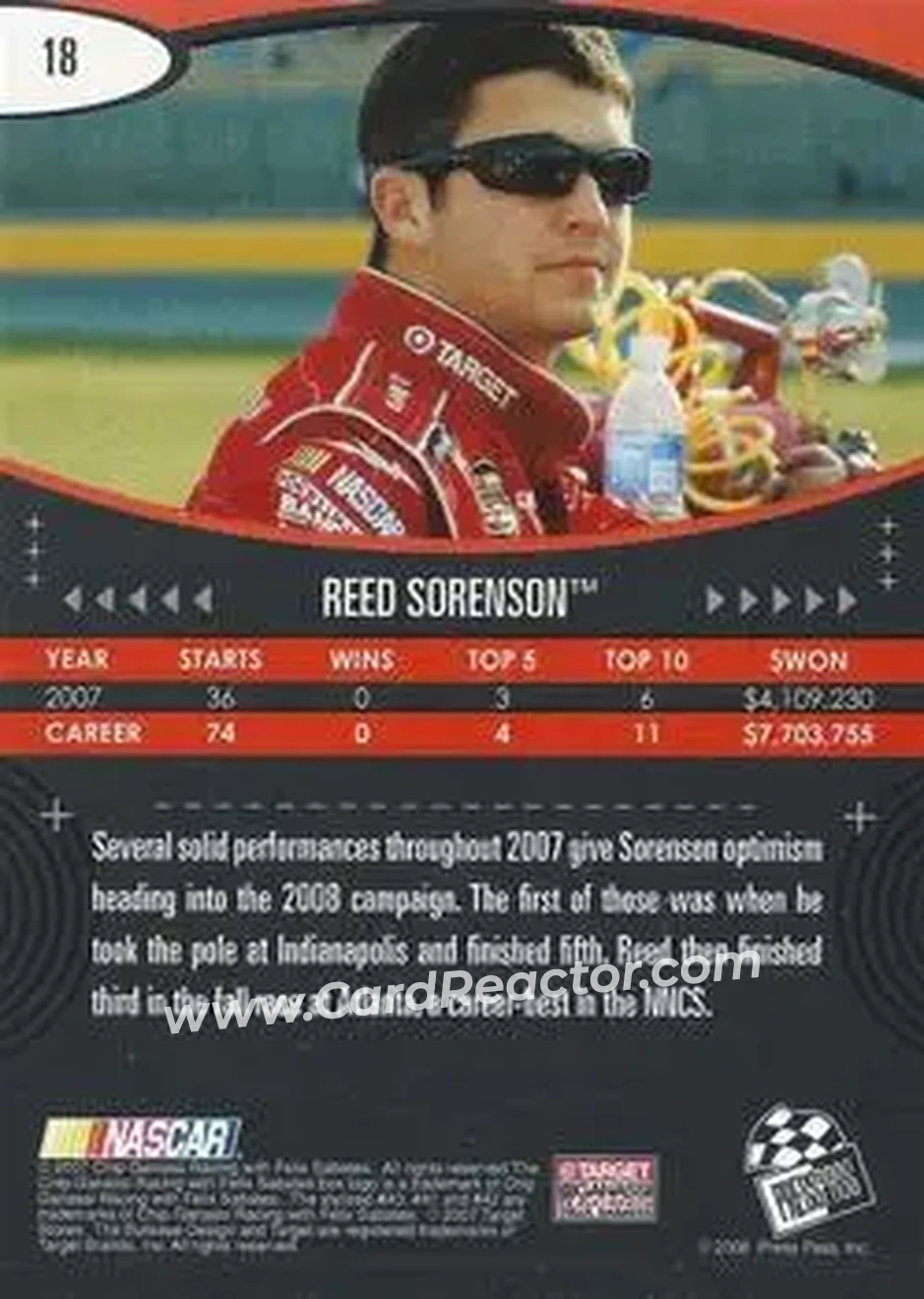 2008 Press Pass Eclipse #18 - Reed Sorenson - Chip Ganassi Racing with Felix Sabates - Back