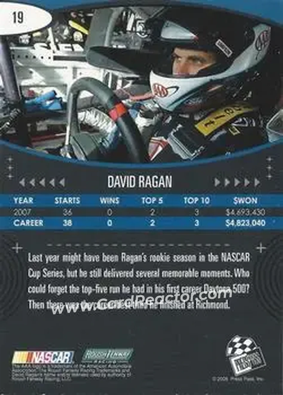 2008 Press Pass Eclipse #19 - David Ragan - Roush Fenway Racing - Back