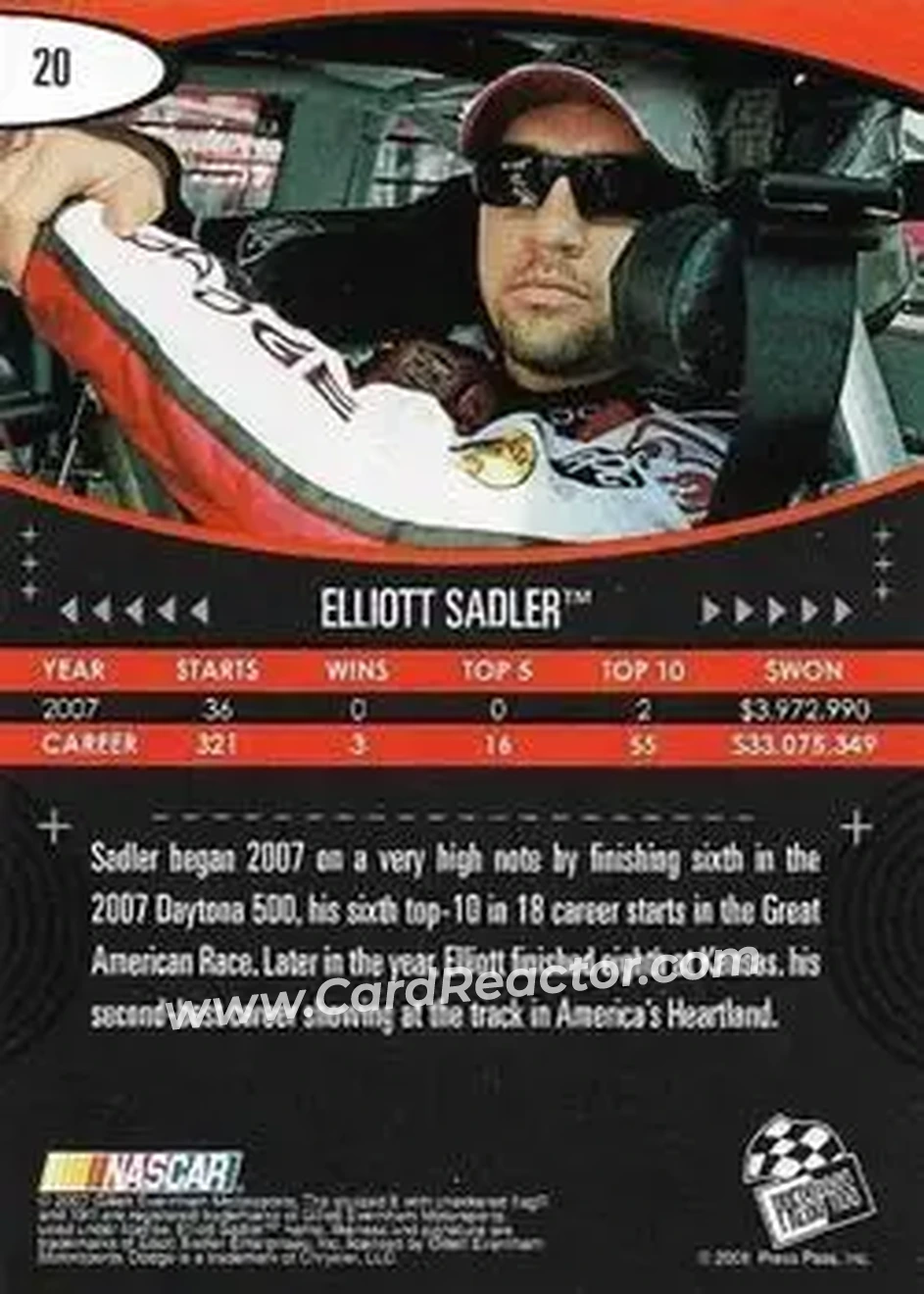 2008 Press Pass Eclipse #20 - Elliott Sadler - Gillett Evernham Motorsports - Back