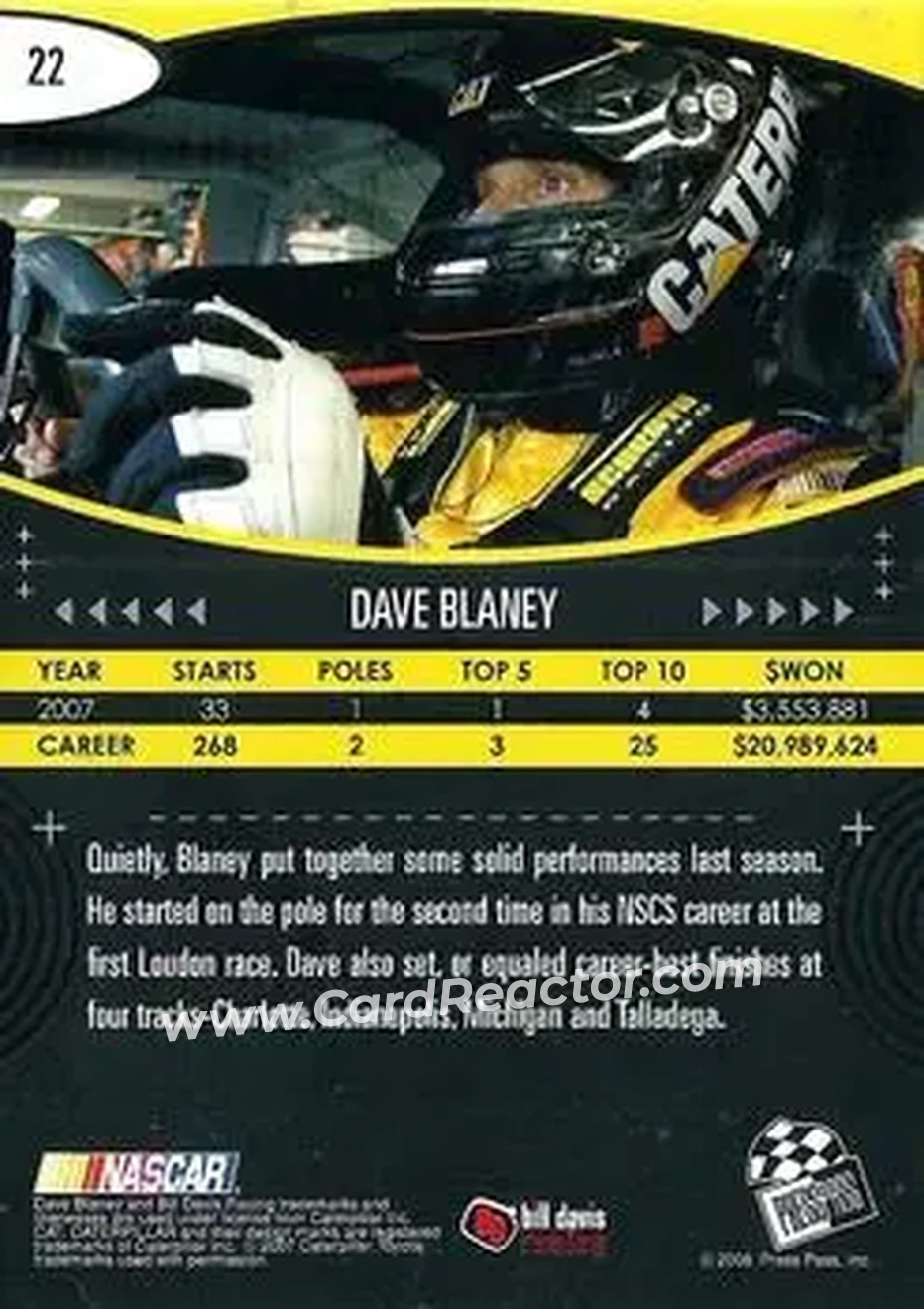 2008 Press Pass Eclipse #22 - Dave Blaney - Bill Davis Racing - Back