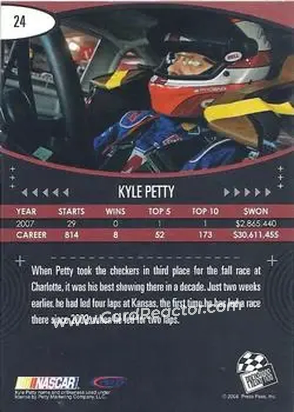 2008 Press Pass Eclipse #24 - Kyle Petty - Petty Enterprises - Back