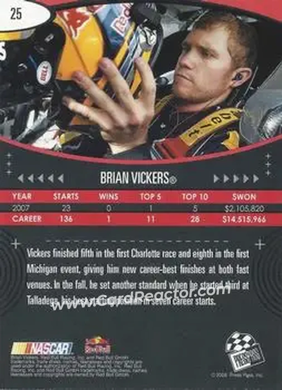 2008 Press Pass Eclipse #25 - Brian Vickers - Red Bull Racing Team - Back