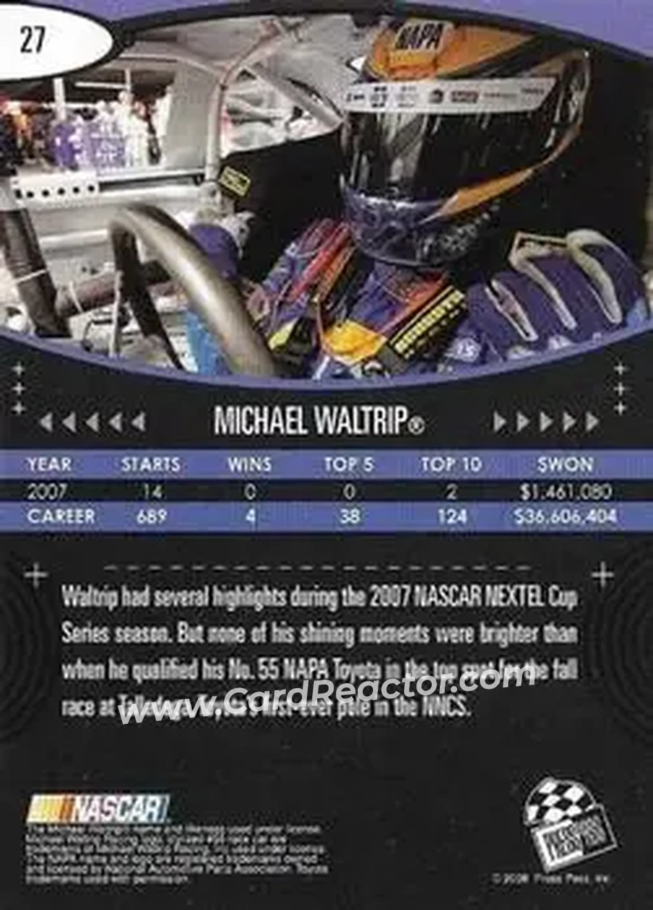 2008 Press Pass Eclipse #27 - Michael Waltrip - Michael Waltrip Racing - Back