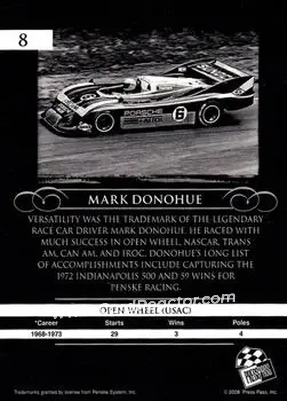 2008 Press Pass Legends #8 - Mark Donohue - Penske Racing - Back