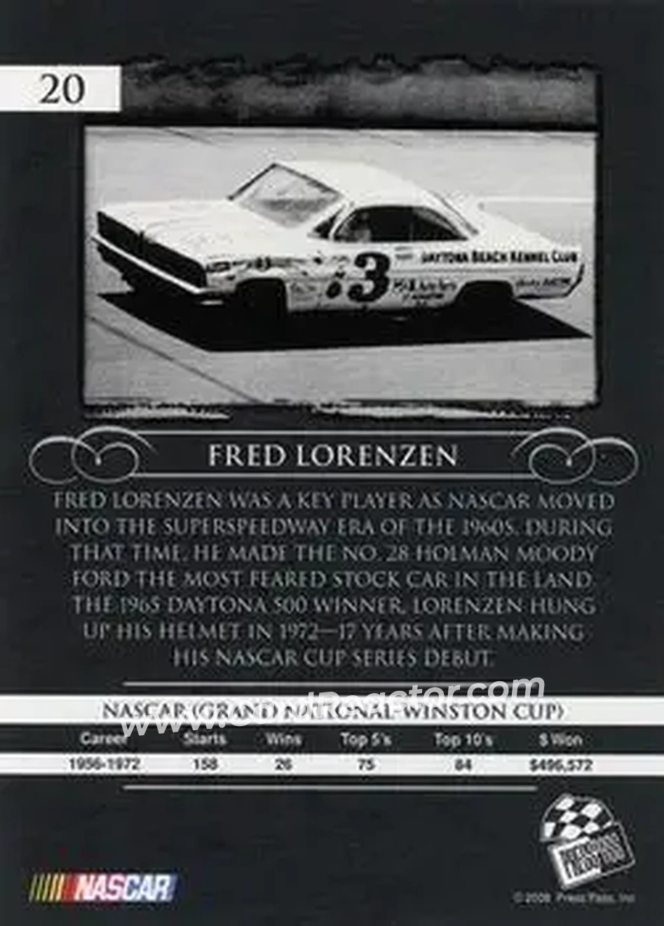 2008 Press Pass Legends #20 - Fred Lorenzen - Holman-Moody - Back