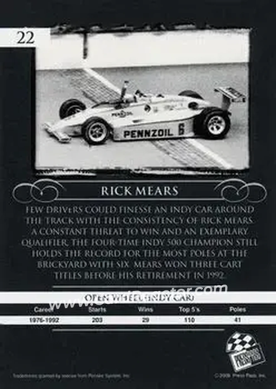 2008 Press Pass Legends #22 - Rick Mears - Penske Racing - Back