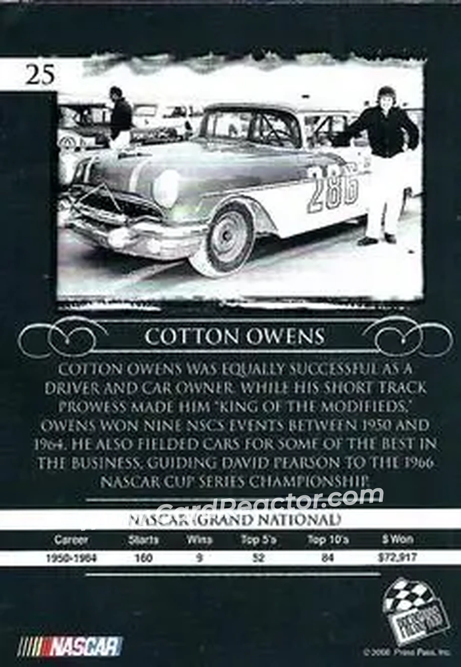 2008 Press Pass Legends #25 - Cotton Owens - Cotton Owens Garage - Back