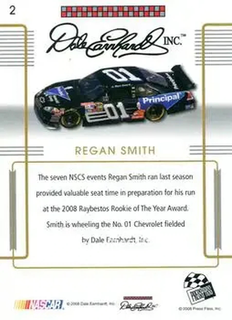 2008 Press Pass Premium #2 - Regan Smith - Dale Earnhardt Inc. - Back