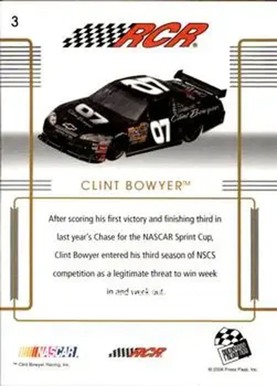 2008 Press Pass Premium #3 - Clint Bowyer - Richard Childress Racing - Back