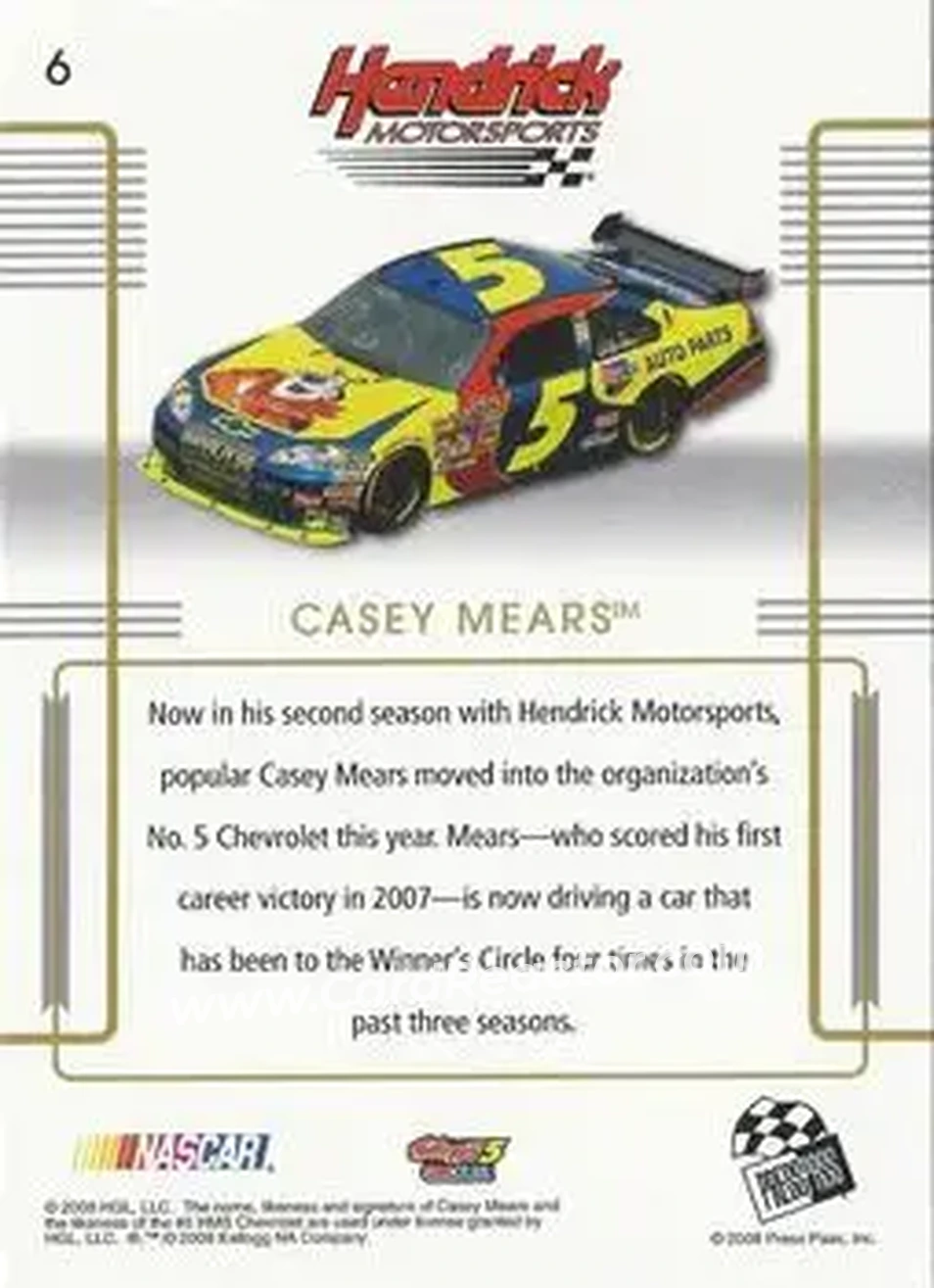 2008 Press Pass Premium #6 - Casey Mears - Hendrick Motorsports - Back