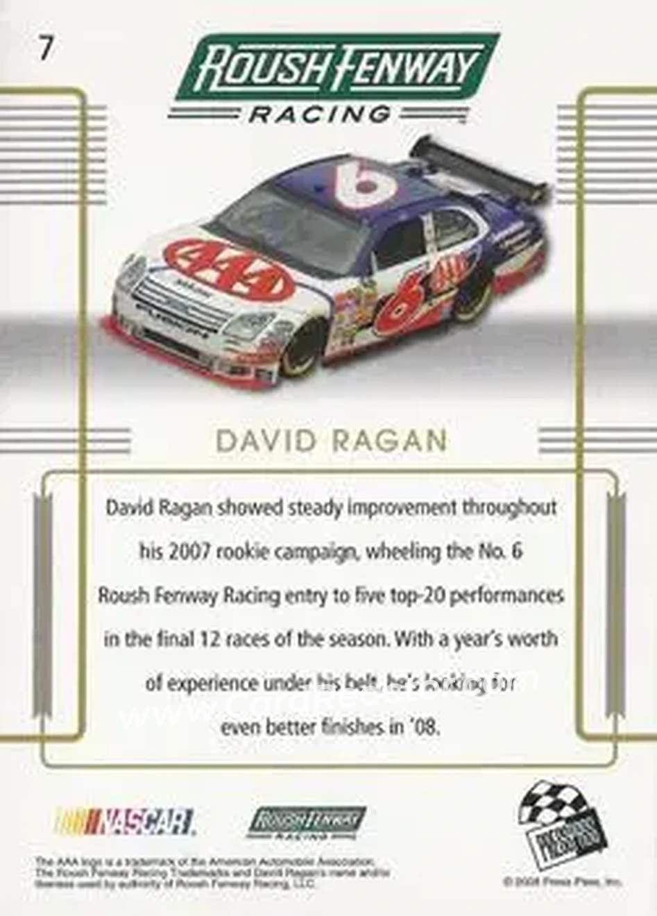 2008 Press Pass Premium #7 - David Ragan - Roush Fenway Racing - Back