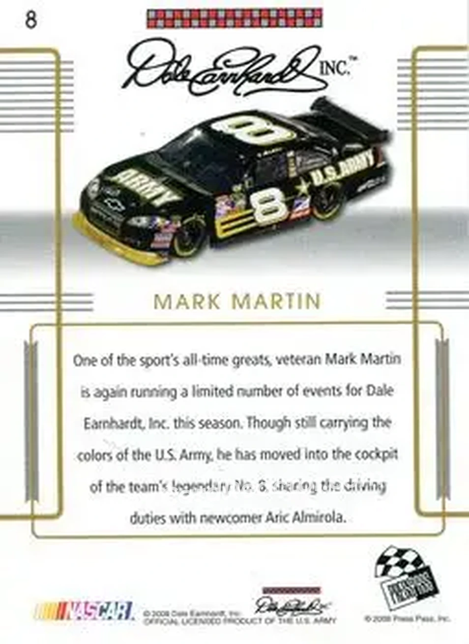 2008 Press Pass Premium #8 - Mark Martin - Dale Earnhardt Inc. - Back