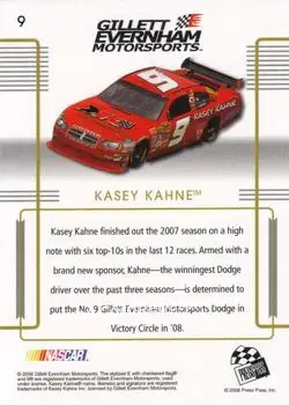 2008 Press Pass Premium #9 - Kasey Kahne - Gillett Evernham Motorsports - Back
