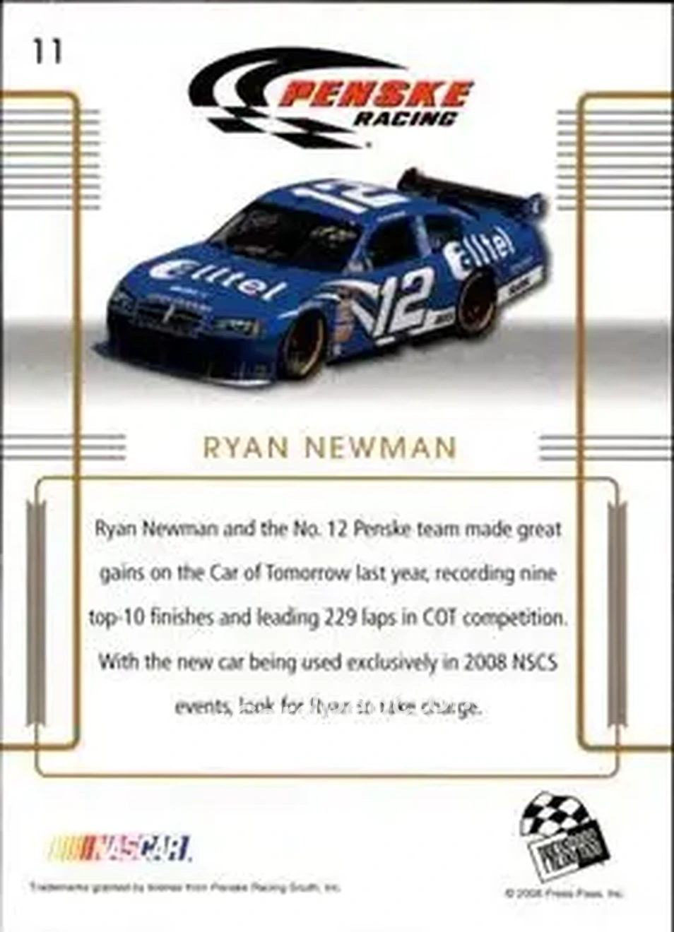 2008 Press Pass Premium #11 - Ryan Newman - Penske Racing South - Back