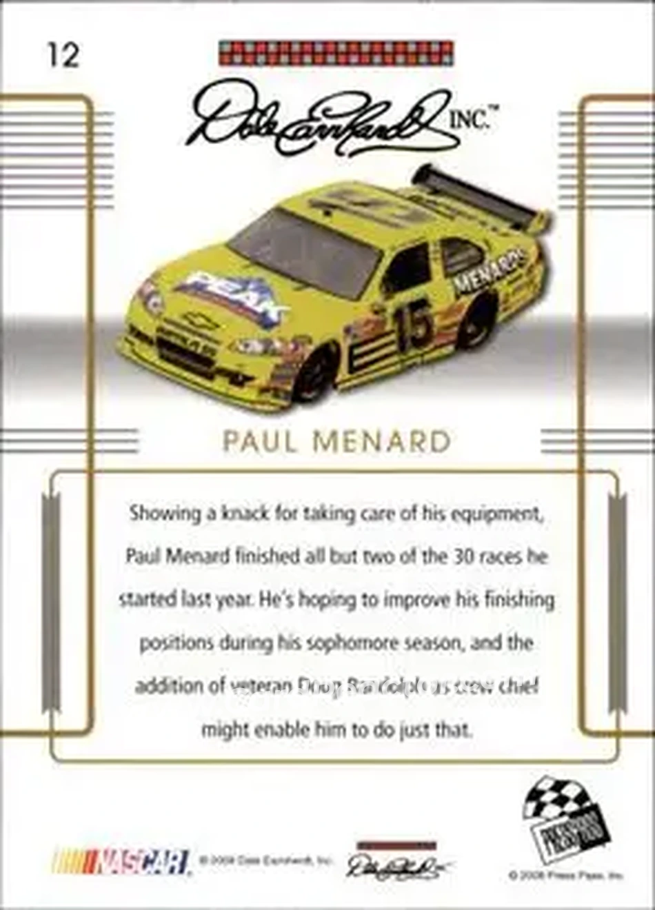 2008 Press Pass Premium #12 - Paul Menard - Dale Earnhardt Inc. - Back