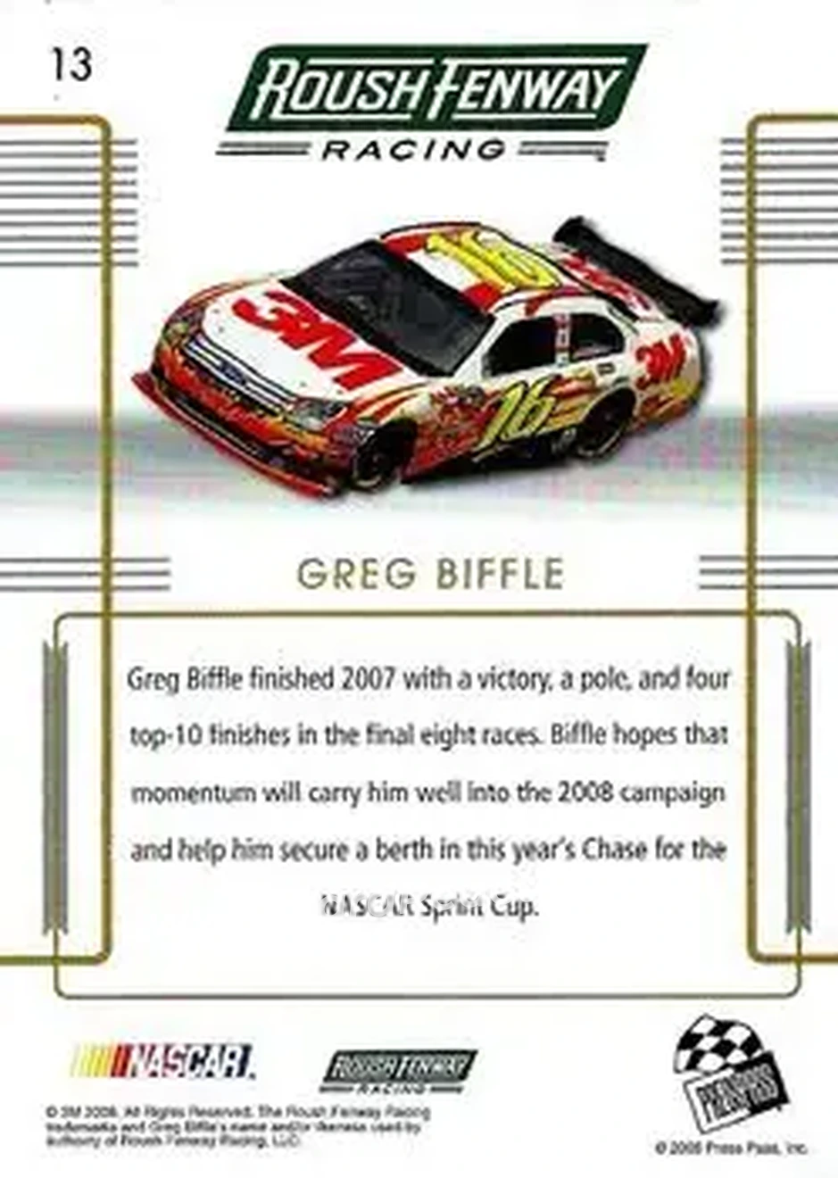 2008 Press Pass Premium #13 - Greg Biffle - Roush Fenway Racing - Back