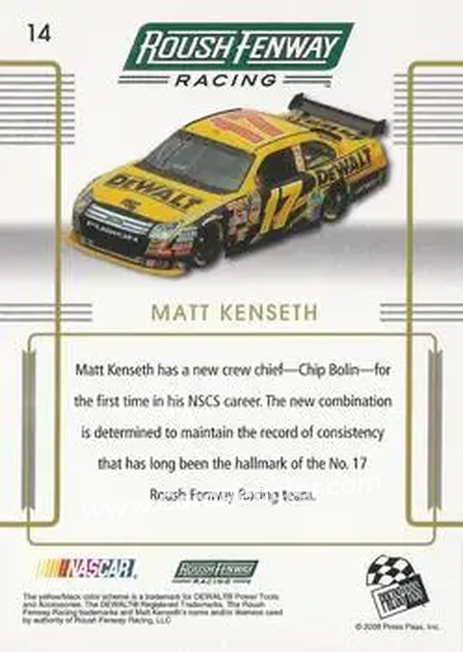 2008 Press Pass Premium #14 - Matt Kenseth - Roush Fenway Racing - Back