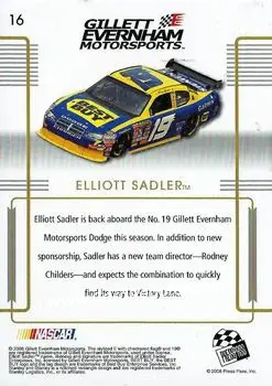 2008 Press Pass Premium #16 - Elliott Sadler - Gillett Evernham Motorsports - Back