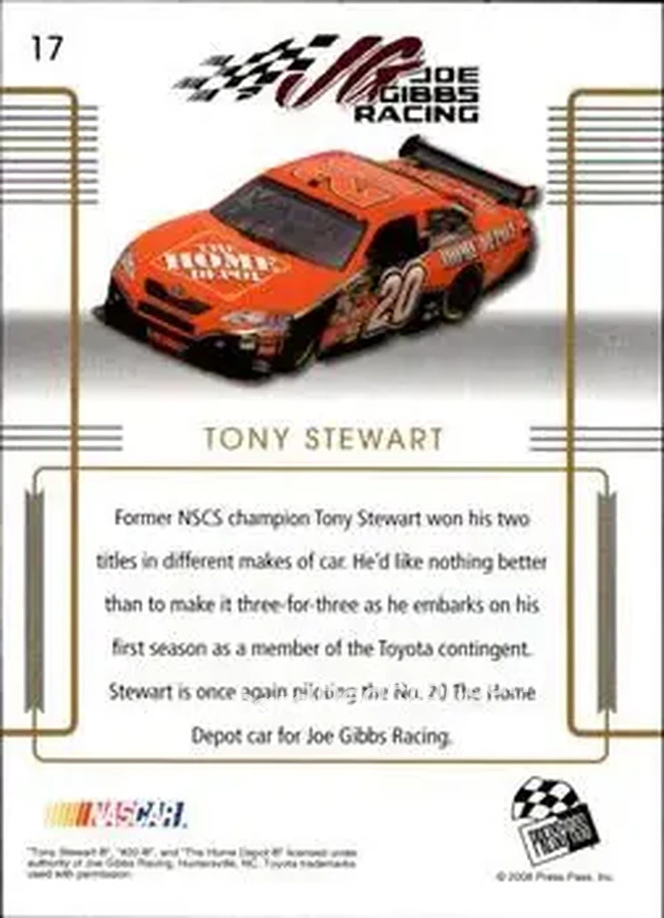 2008 Press Pass Premium #17 - Tony Stewart - Joe Gibbs Racing - Back