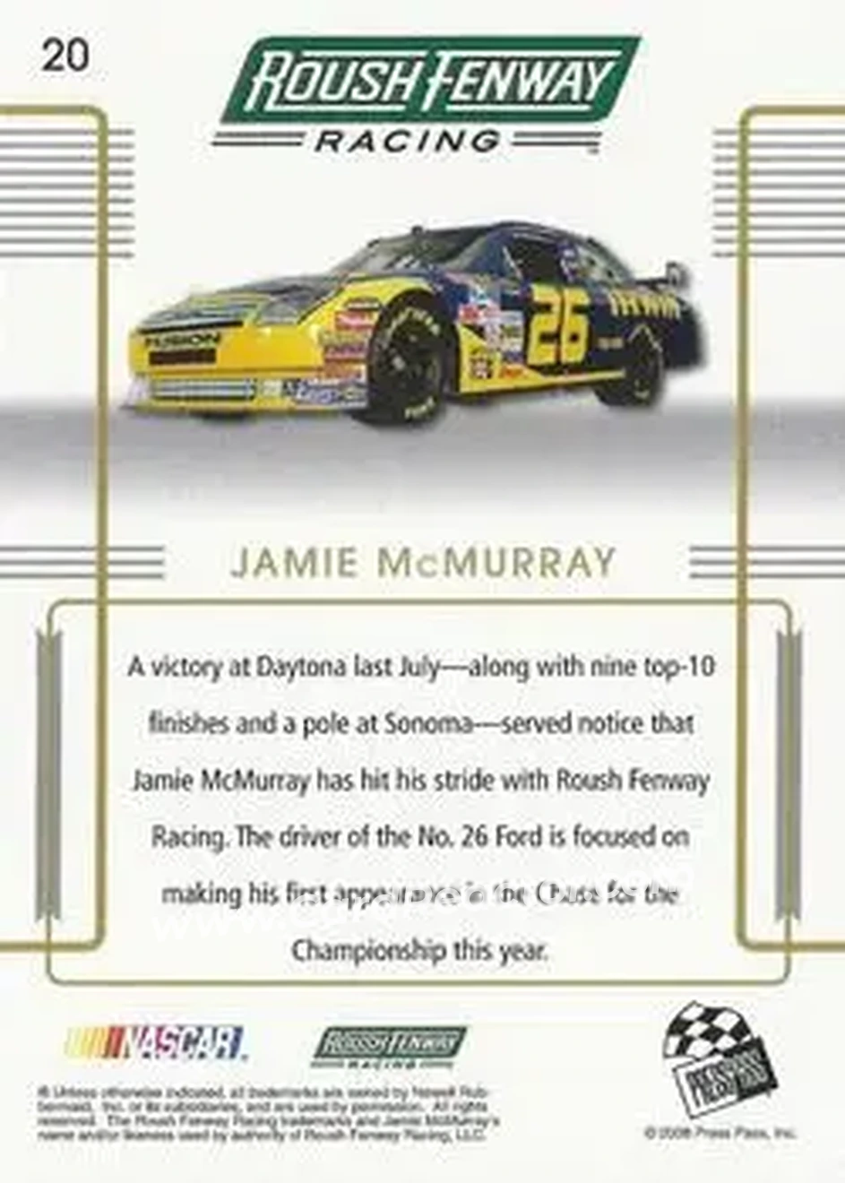 2008 Press Pass Premium #20 - Jamie McMurray - Roush Fenway Racing - Back