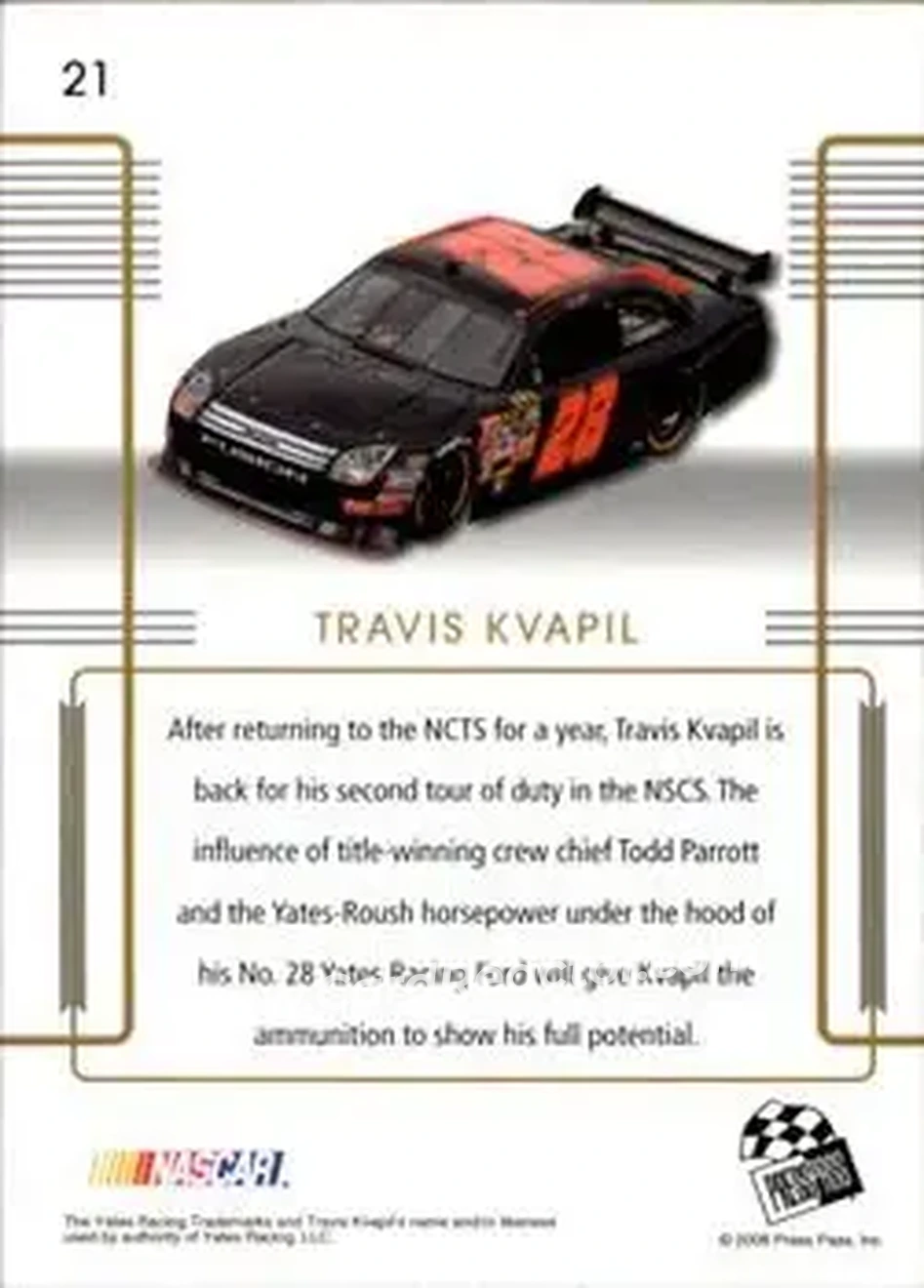 2008 Press Pass Premium #21 - Travis Kvapil - Yates Racing - Back