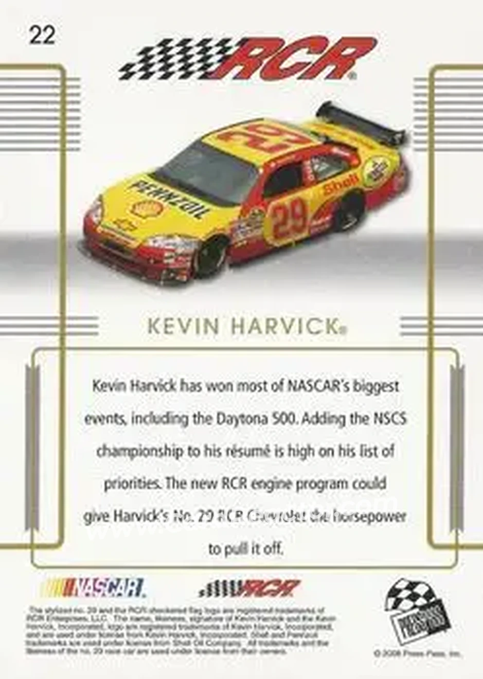 2008 Press Pass Premium #22 - Kevin Harvick - Richard Childress Racing - Back